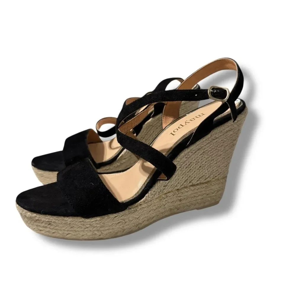 Anthropologie Maypol Espadrille Wedge Sandal 9.5 Black Suede Coastal Resort Chic